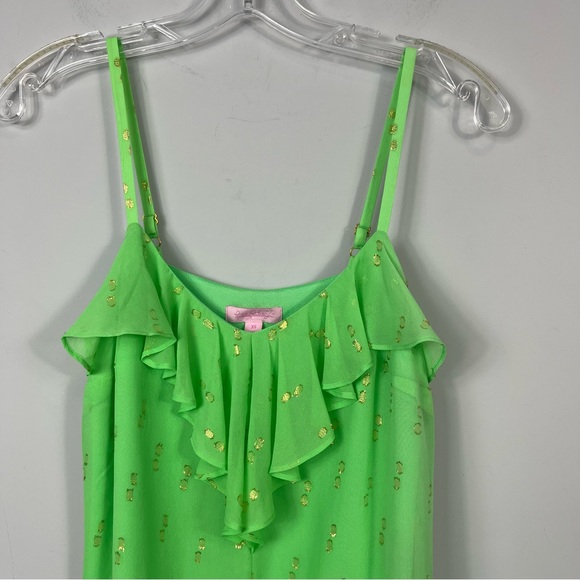 Lilly Pulitzer Gianna Silk Strappy Ruffle Mini Dress Green Metallic Gold Dot XS - Picture 6 of 14
